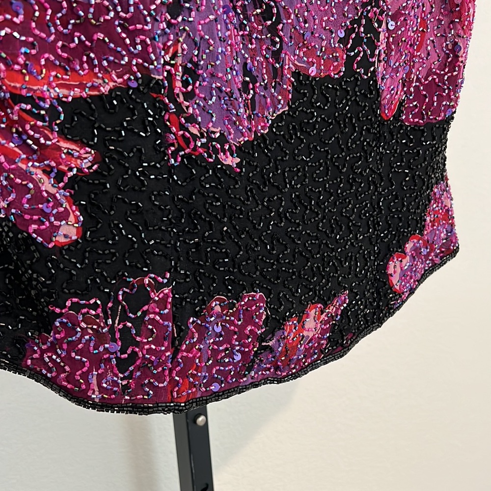 (Final Price) Vintage Cecily Brown Beaded Silk Floral Top - Size Med - Picture 4 of 12